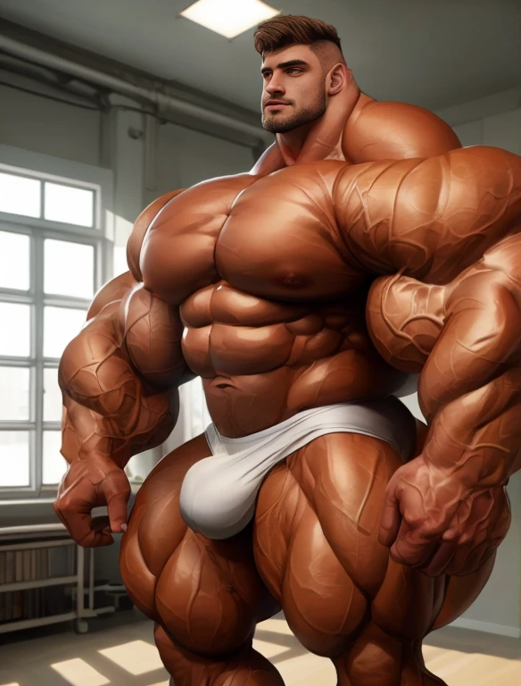 1boy, giant, alone, giant bodybuilder, illuminating light, strong body, bulk, large size, standing in whiet photo studio, indoor, nude, white triangular underwear, thick bulge, extraordinary big, brutalmass, giant muscular body, bulk, buff, massive body, large meaty body size, extremely wide body