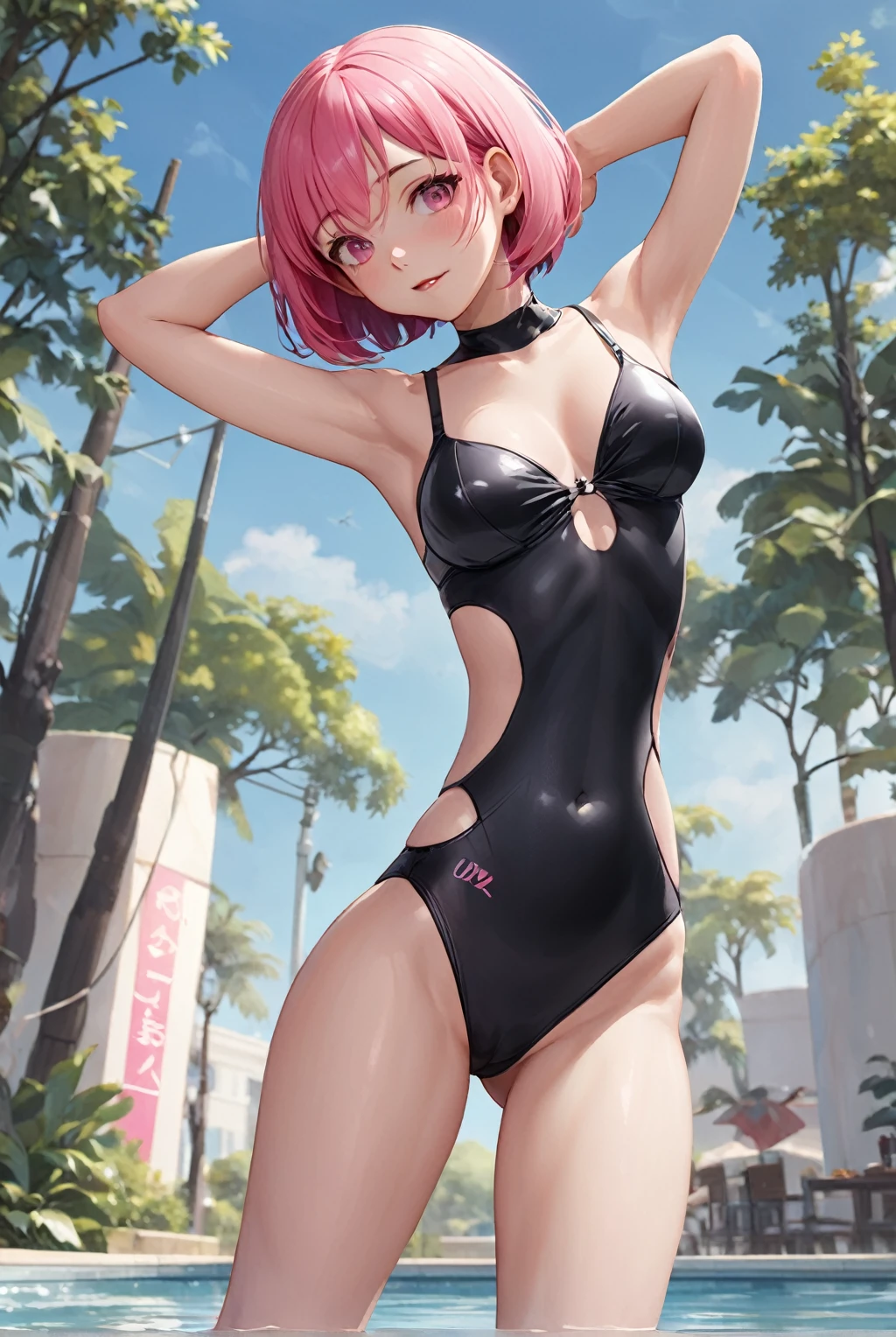 (competition swimsuit), (solo), lycoris recoil, (1 cute girl), sexy, 25 years old, drooping eyes, (masterpiece:1.2), (best quality:1.2), (very aesthetic:1.2), (absurdres:1.2), (detailed background),newest,ai-generated, (((Pink hair, short hair, bob cut, black eyes))), (visible nipples:0.7), (camel toe:0.3),  Cute face, medium_breasts, ((Thin thighs)),Bright park, dynamic poses, Metallic Outfit,