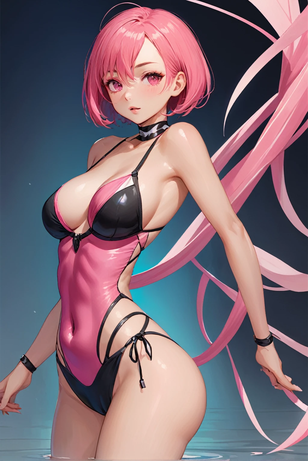 (competition swimsuit), (solo), lycoris recoil, (1 cute girl), sexy, 25 years old, drooping eyes, (masterpiece:1.2), (best quality:1.2), (very aesthetic:1.2), (absurdres:1.2), (detailed background),newest,ai-generated, (((Pink hair, short hair, bob cut, black eyes))), (visible nipples:0.7), (camel toe:0.3),  Cute face, medium_breasts, ((Thin thighs)),Bright park, dynamic poses, Metallic Outfit,