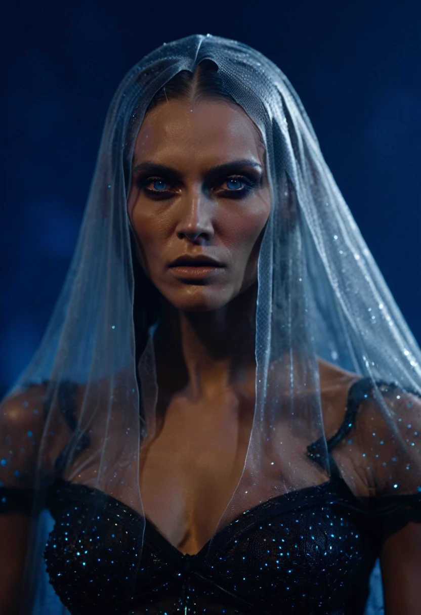 Fashionable of androgynous alien looking witch wearing veil, glowing eyes, beautiful evil slavic muscular woman, pale skin, long hair, light smile, futuristic design, minimal details, givenchy, photoreal, 200mm, hd, f/ 2.0, highly detailed, surreal , drop dead, in the style of red and blue, (intricate details, hyperdetailed:1.15) (skin texture:1.2), cinematic, professional, 4k, (((dynamic model pose))), sitting, full body, mesmerizing, dynamic, dramatic, sensual, dynamic pose, highly detailed skin with hair, subcutaneous veins, light and shadow play, highly detailed,24mm photograph, film, bokeh, professional, 4k,