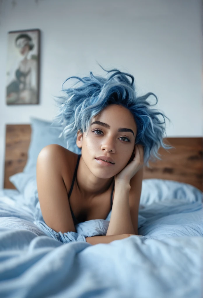 a beautiful biracial woman lying on her bed, waking up in the morning, don't look camera, detailed full body, messy blue hair, blue eyes, photo-realistic, 8k, high quality, natural lighting, soft colors, serene atmosphere