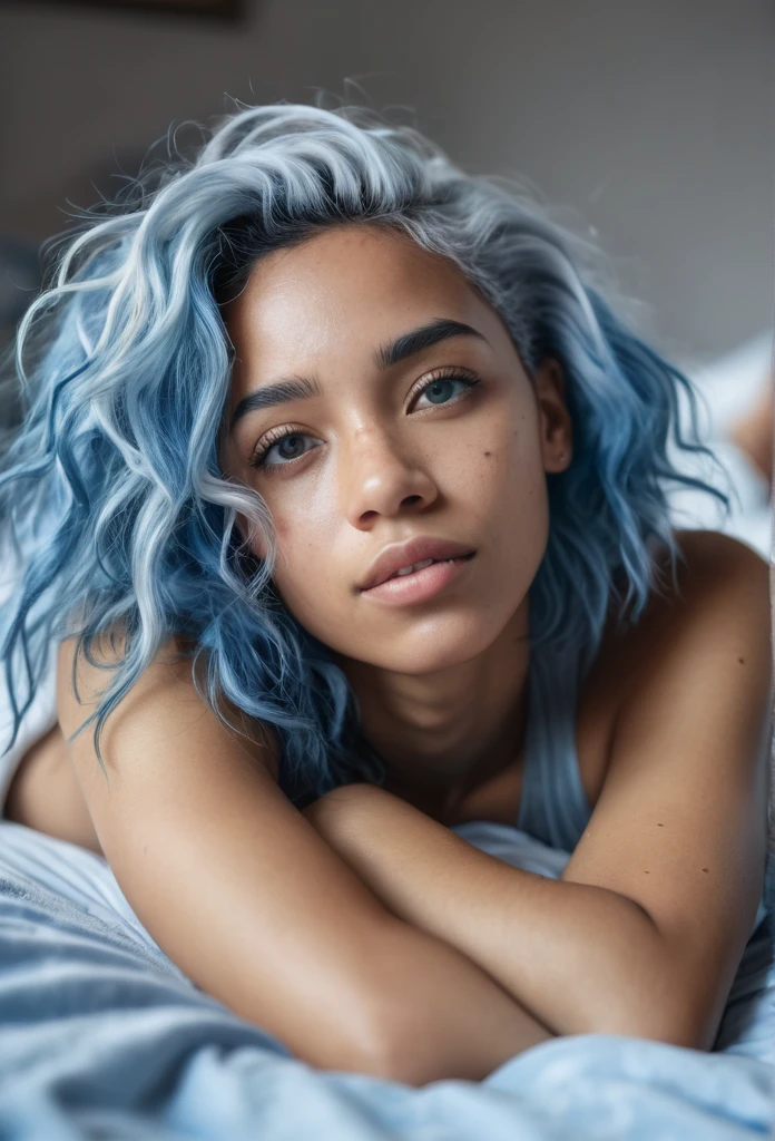 a beautiful biracial woman lying on her bed, waking up in the morning, don't look camera, detailed full body, messy blue hair, blue eyes, photo-realistic, 8k, high quality, natural lighting, soft colors, serene atmosphere