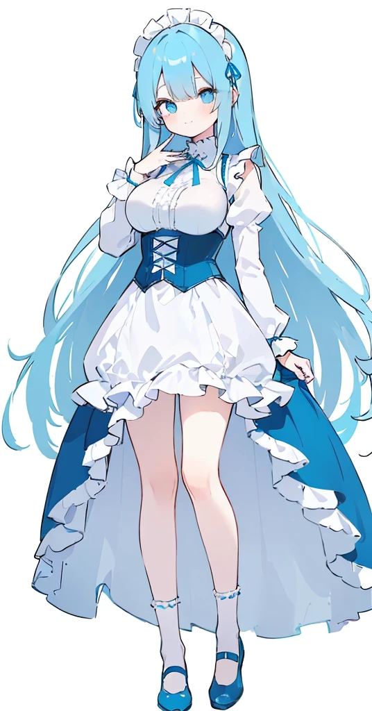 (long beautiful blue hair) cyan eyes, (Eyes behind long bangs) big breasts, using accessories (using socks) perfect shiny beautiful cyan shoes (Wearing luxurious palace maid clothes Perfect perfect noble)  Pose facing sideways (Girl1, straight hair not too long, bangs covering one eye, soft face, gentle smile) long hair, beautiful cyan eyes (Free pose, right hand down, left hand down, ((Free pose))smile kawai, (blank white background) Wearing a blue corset, (Using a beautiful bright blue ribbon) Kawai shy cute eyes (cyan colored shoes must be shiny, Must wear short white socks)