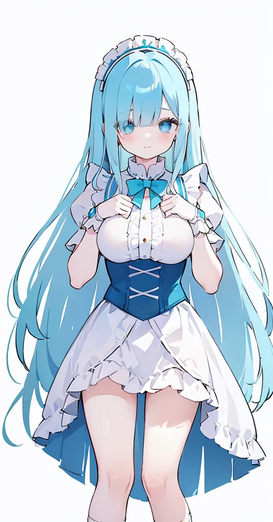 (long beautiful blue hair) cyan eyes, (Eyes behind long bangs) big breasts, using accessories (using socks) perfect shiny beautiful cyan shoes (Wearing luxurious palace maid clothes Perfect perfect noble) Pose facing sideways (Girl1, straight hair not too long, bangs covering one eye, soft face, gentle smile) long hair, beautiful cyan eyes (Free pose, right hand down, left hand down, ((Free pose))smile kawai, (blank white background) Wearing a blue corset, (Using a beautiful bright blue ribbon) Kawai shy cute eyes (cyan colored shoes must be shiny, Must wear short white socks)
