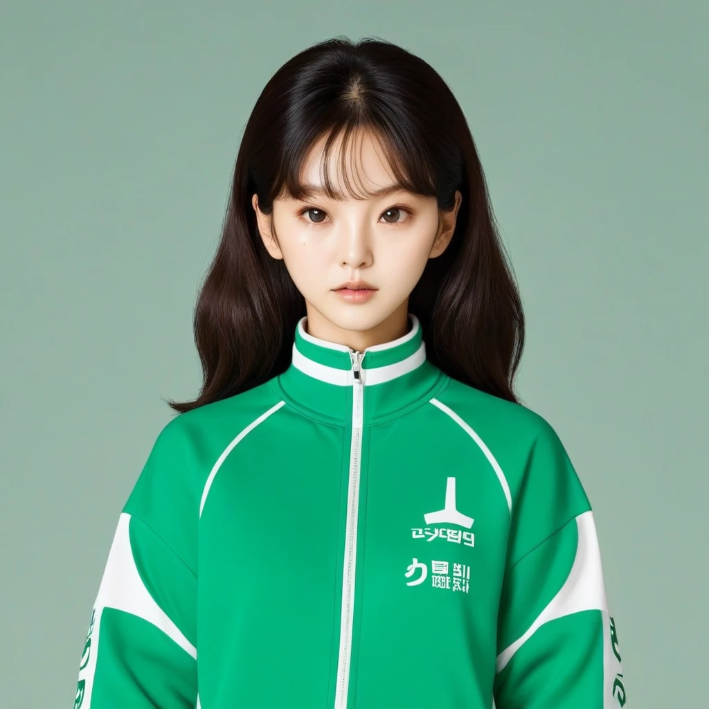 Kang Sae-byeok, Squid Game, Jung Ho-yeo, wearing a green squidgame tracksuit, simple background, peace siggn
