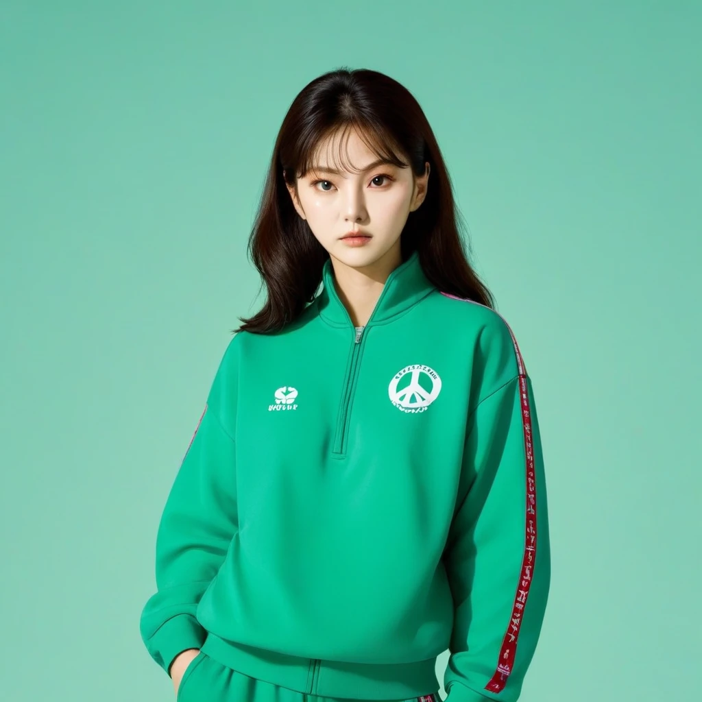 Kang Sae-byeok, Squid Game, Jung Ho-yeo, wearing a green squidgame tracksuit, simple background, peace siggn
