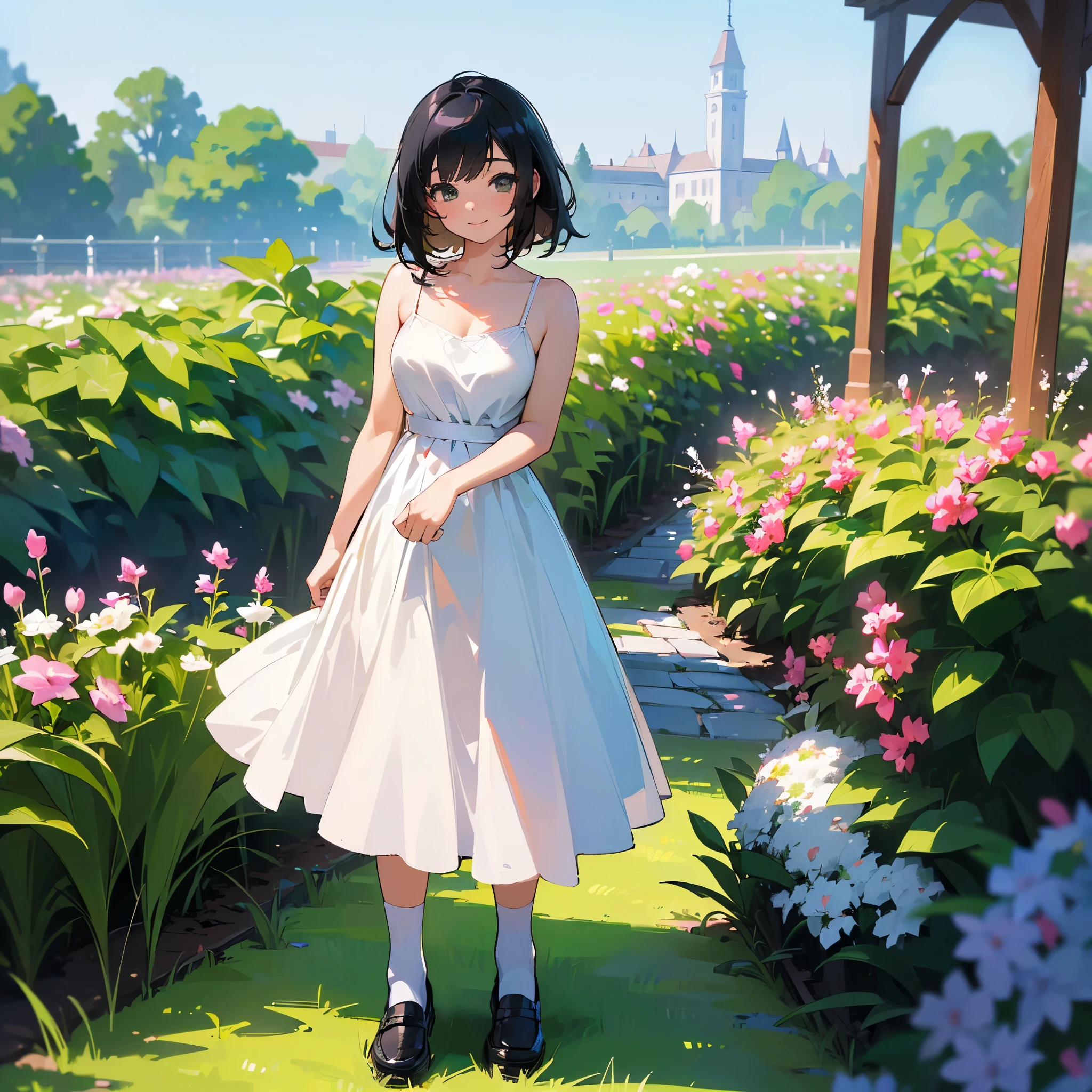 (high quality, High resolution, Very detailed, reality:1.37), Peaceful atmosphere, (Outdoor, garden), girl standing alone, (my breasts are big.), Beautiful details, Cute Smile, (Black bob hair), White camisole dress, White socks, loafers.