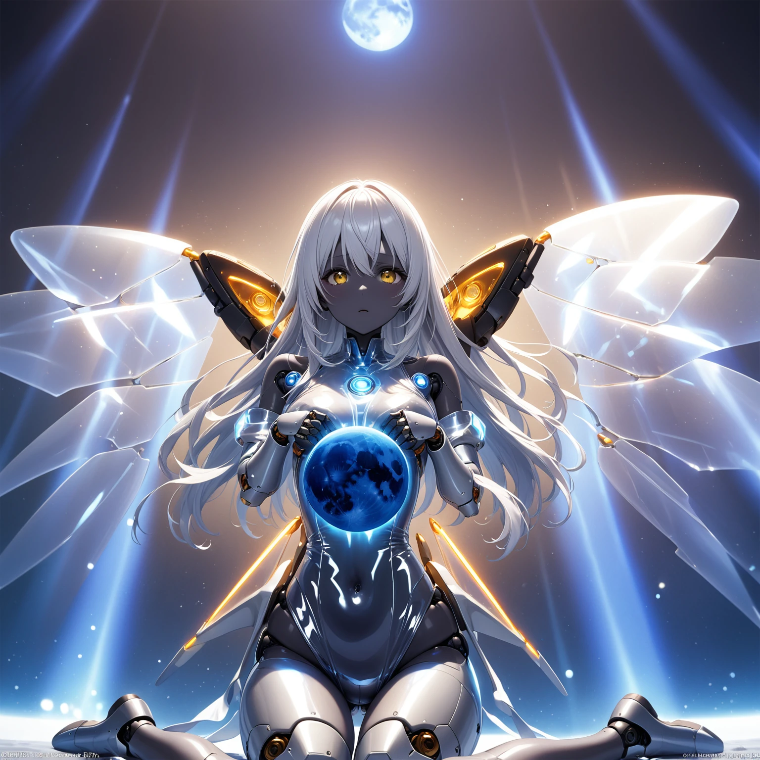 1girl、silver hair,gold eyes,Leotards, blackskin、Blue Moon,. clear vinyl dresses, wariza、mechanical wings,android, joints, robot joints、deep faint light 、 detailed CG、high resolution