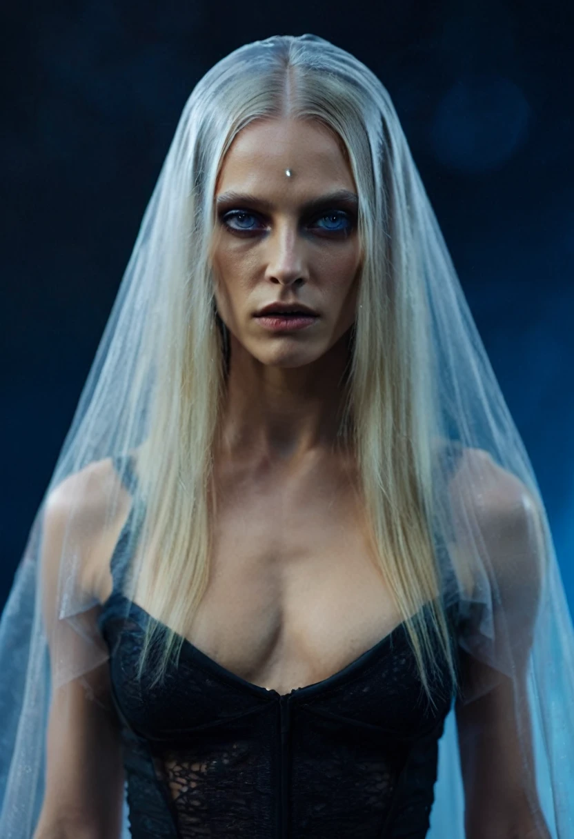 Fashionable of androgynous alien looking witch wearing veil, glowing eyes, beautiful evil slavic muscular woman, pale skin, long dark blond hair, futuristic design, minimal details, givenchy, photoreal, 200mm, hd, f/ 2.0, highly detailed, surreal , drop dead, in the style of red and blue, (intricate details, hyperdetailed:1.15) (skin texture:1.2), cinematic, professional, 4k, dynamic model pose, sitting,