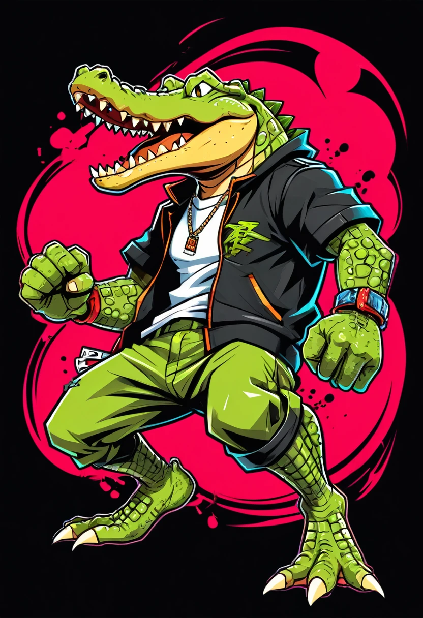 Fighting game style crocodile, Hip-Hop Style, t shirt design, flat-colors, vectorial art, ((black backdrop)) . dynamic, Vibrant, full of action, detailed character design, reminiscent of fighting video games