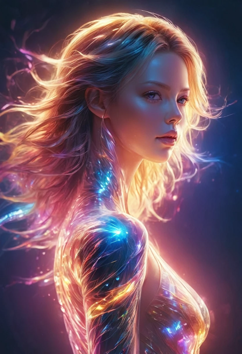 Charlize Theron, ultra detailed illustration of female silhouette, fantasy figure, (((translucent skin:1.5))), (((translucent body:1.5))), (((knee to head shot))), neon lights, light particles, colorful, CMYK colors, backlit,