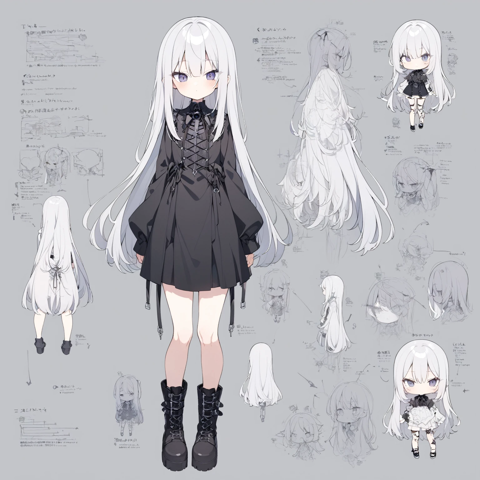 1 girl 150 cm tall. long silver hair, Scrawny, knee length straight hair, Small face, Full body diagram, Gothic clothing style