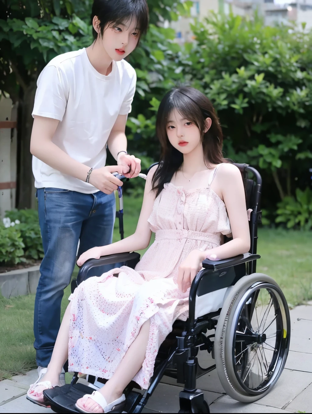 Girl in wheel chair, girl in wheel chair with 6 years old boy, girl in wheel chair with kid boy, afternoon in the garden, girl in the wheel chair, only girl in the wheel chair, boy holding the wheel chair and the girl sit in the wheel chair