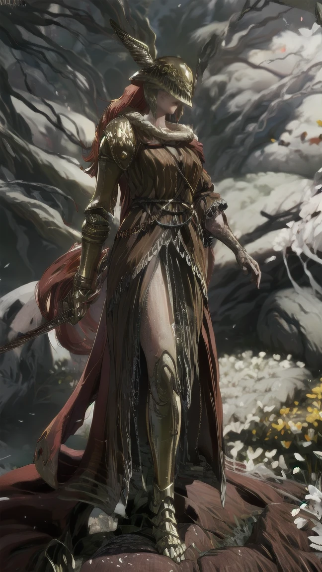 1 girl, ultra sharp image, Portrait of a girl, Gothic style, fantasy, beautiful figure, beautiful, full length (full body 1.1.), big tree in the background, slender legs, buttocks, slender legs, Wasp waist, sexy, fighting pose, fighting stance, only,helmet,light-skinned Женский, One, long curved sword in hand