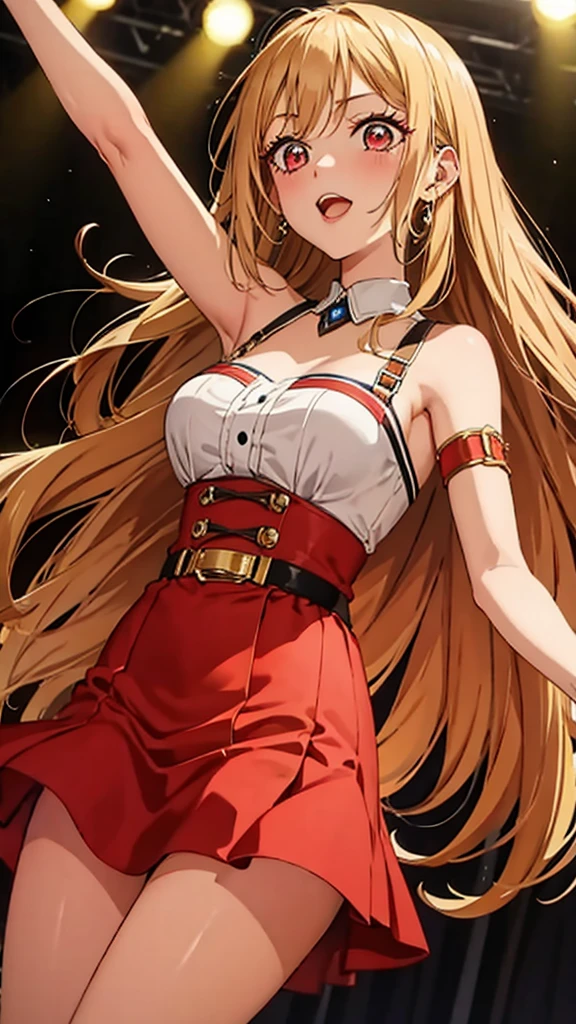 (masterpiece, best quality), perfect face, 8K, 1girl, idol, blond long hairl, expressive red eyes, wearing a sexy mini skirt, singing and dancing happily on stage, audience, concert lights, holding a mic