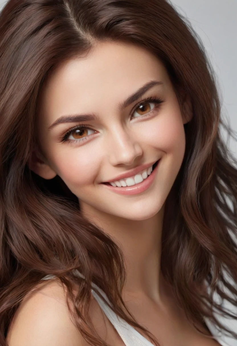white, 20 yo, brunette hair, caucasian, skinny, fit, beautiful, uhd, hyper realistic, highly detailed face, brown eyes, cleavage, fluffy hair, wolf cut, big natural , smiling, seductive smirk, as realistic like possible, natural features, photorealistic, texture quality, intricate details, skin pores visible, lifelike expressions, visible upper body, natural , low-cut clothing, natural facial feature, t shirt, long hair