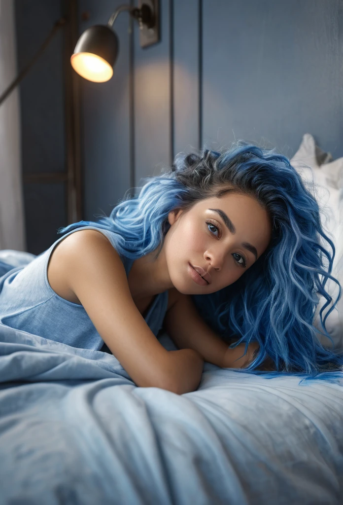 a beautiful biracial woman lying on her bed, waking up in the morning, don't look camera, detailed full body, messy blue hair, blue eyes, (best quality,4k,8k,highres,masterpiece:1.2),ultra-detailed,(realistic,photorealistic,photo-realistic:1.37),HDR,UHD,studio lighting,ultra-fine painting,sharp focus,physically-based rendering,extreme detail description,professional,vivid colors,bokeh,natural lighting,soft colors,serene atmosphere