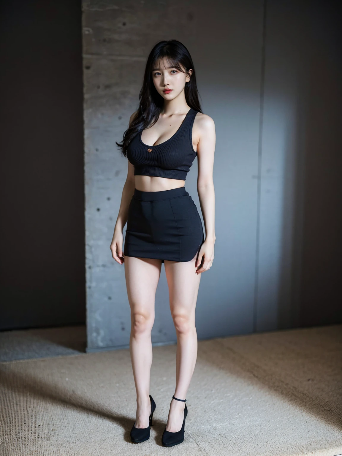 RAW photo, bokeh (realism: 1.4, realistic), high detail CG unified 8K wallpaper, 1girl,  (HQ skin: 1.4), 8k uhd, dslr, front lighting, high quality, Fujifilm XT3, 21 years old female with long hair,((slim body, skinny, natural breast)),(((height:163cm))), ((wearing knit tank top, black short skirt,cleavage)),(looking at viewer), ((ultra detailed room background))), ((full body:1.6))