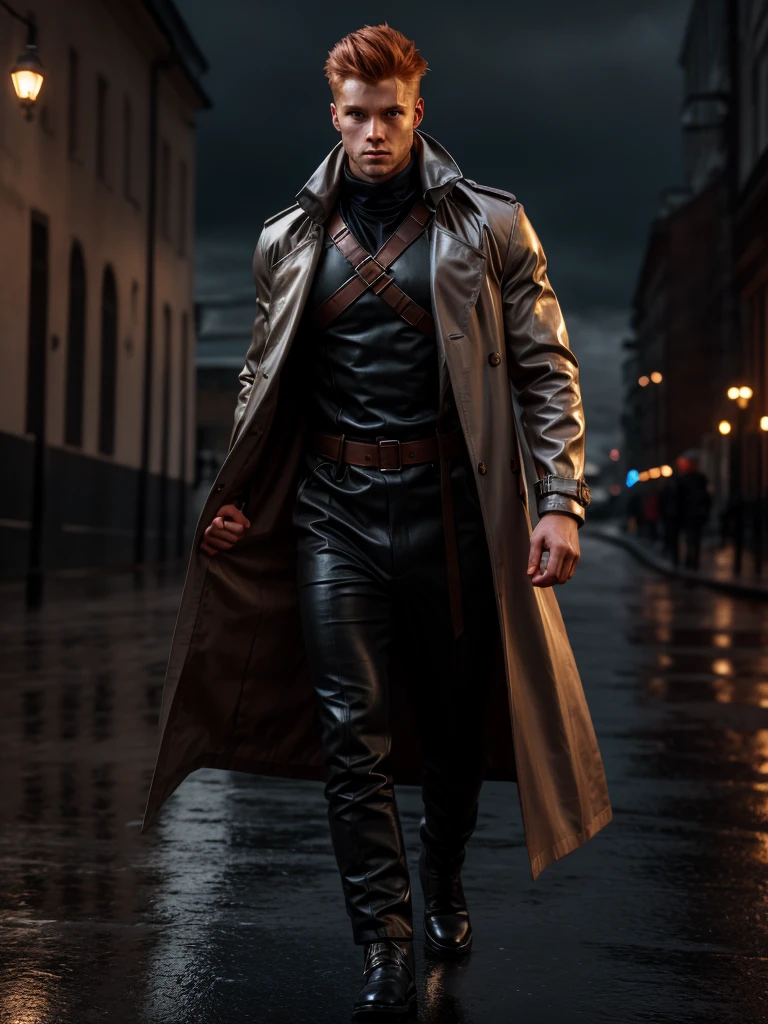 (Best Quality, detailed, restoration of faces and hands, Professional lighting) scandinavian young muscular man, copper hair and silver tips with a fade, onyx colored eyes, in an outfit of a black trench coat walking under a rainy night