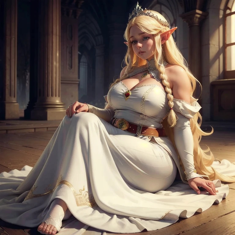 (Best quality), (high resolution), (detailed),1woman, tired elf, princess elf, beautiful royal garments, beautiful long white dress, sitting on a bed in her tall white tower, beautiful long wavy blonde locs, tall, shy priincess, slightly chubby, little pudgy belly, thicc thighs, super shy