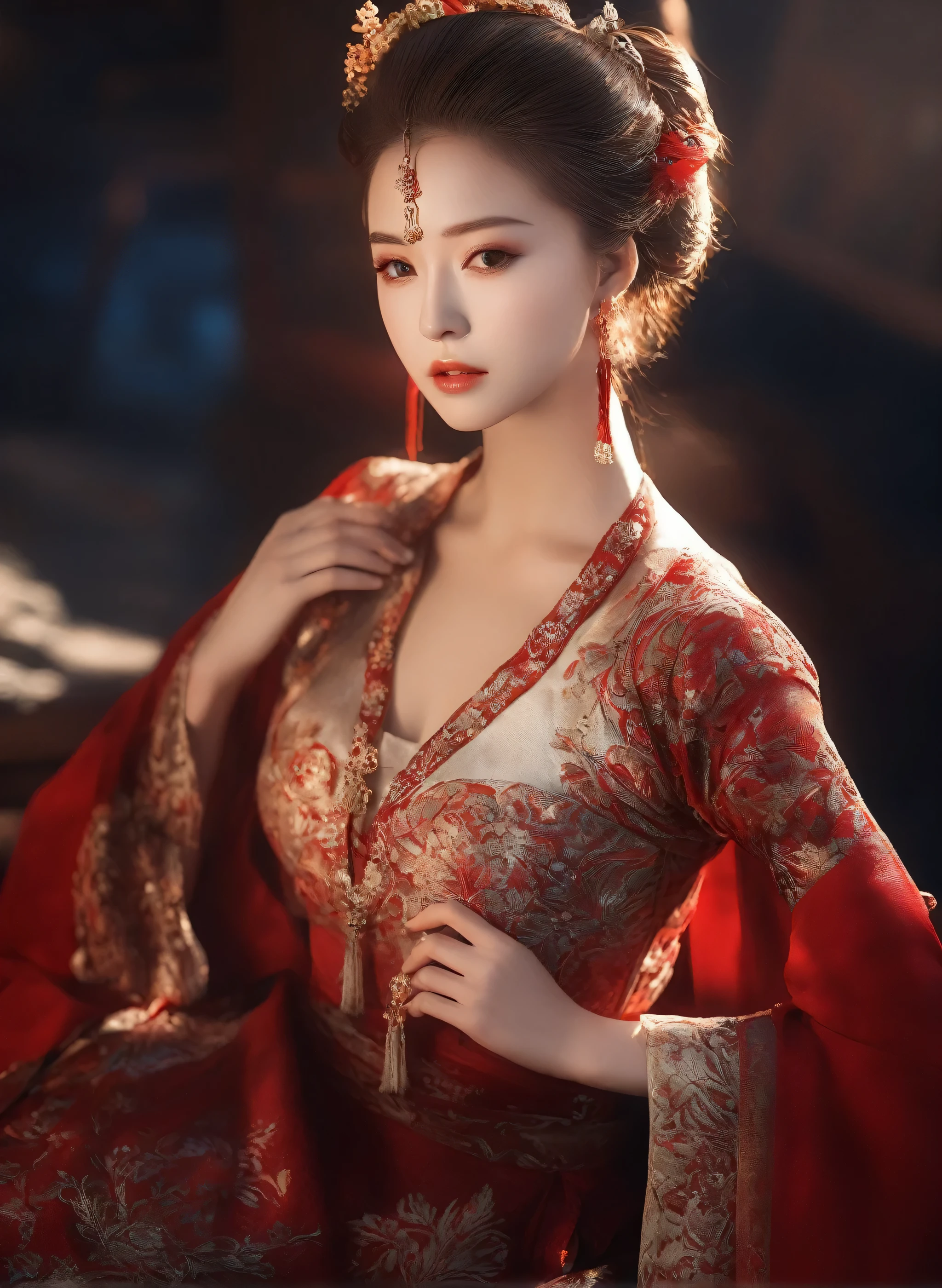 (masterpiece, best quality, Very detailed, The best shadow), (Detailed background), (Delicate face), High contrast, (Optimal lighting, Extremely refined), Colorful, Extremely detailed, Dramatic lighting, Beautiful background, Intricate details, (1 girl, Solitary, Colorful hair, Pointed face, Red Eyes, Hair between the eyes, Dynamic Angle, Red clothes), Looking at the audience, Blood,(Broken Gek Ring, in the room, whole body, Delicate eyes, beautiful eyes, 8K, 4K, best quality, masterpiece, beautiful eyes, realism