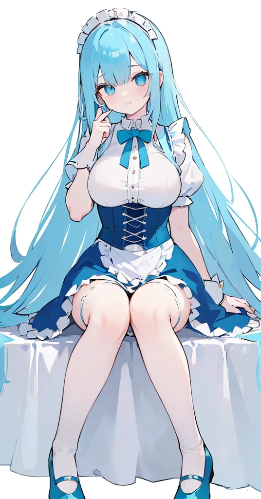 (long beautiful blue hair) cyan eyes, (Eyes behind long bangs) big breasts, using accessories (using socks) perfect shiny beautiful cyan shoes (Wearing luxurious palace maid clothes Perfect perfect noble) Pose facing sideways (Girl1, straight hair not too long, bangs covering one eye, soft face, gentle smile) long hair, beautiful cyan eyes (Free pose, right hand down, left hand down, ((Free pose))smile kawai, (blank white background) Wearing a blue corset, (Using a beautiful bright blue ribbon) Kawai shy cute eyes (cyan colored shoes must be shiny, Must wear short white socks)