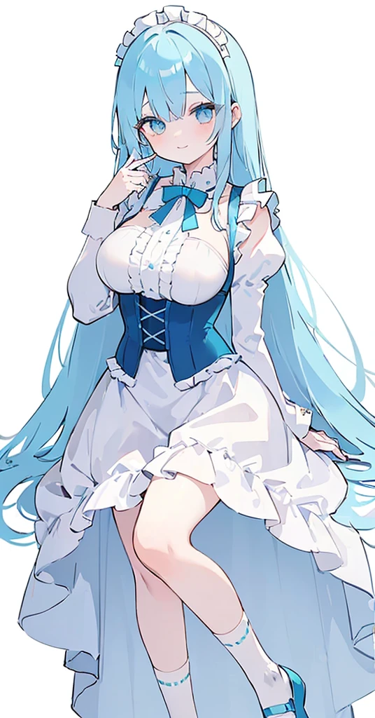 (long beautiful blue hair) cyan eyes, (Eyes behind long bangs) big breasts, using accessories (using socks) perfect shiny beautiful cyan shoes (Wearing luxurious palace maid clothes Perfect perfect noble) Pose facing sideways (Girl1, straight hair not too long, bangs covering one eye, soft face, gentle smile) long hair, beautiful cyan eyes (Free pose, right hand down, left hand down, ((Free pose))smile kawai, (blank white background) Wearing a blue corset, (Using a beautiful bright blue ribbon) Kawai shy cute eyes (cyan colored shoes must be shiny, Must wear short white socks)