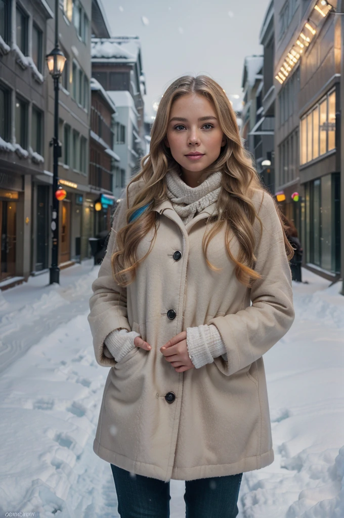 professional portrait photograph of a gorgeous Norwegian girl in winter clothing with long wavy blonde hair, sultry flirty look, gorgeous symmetrical face, cute natural makeup, wearing elegant warm winter fashion clothing, ((standing outside in snowy city street)), stunning modern urban environment, ultra realistic, concept art, elegant, highly detailed, intricate, sharp focus, depth of field, f/1. 8, 85mm, medium shot, mid shot, (((professionally color graded))), bright soft diffused light, (volumetric fog), trending on instagram, and naked ,hdr 4k, 8k