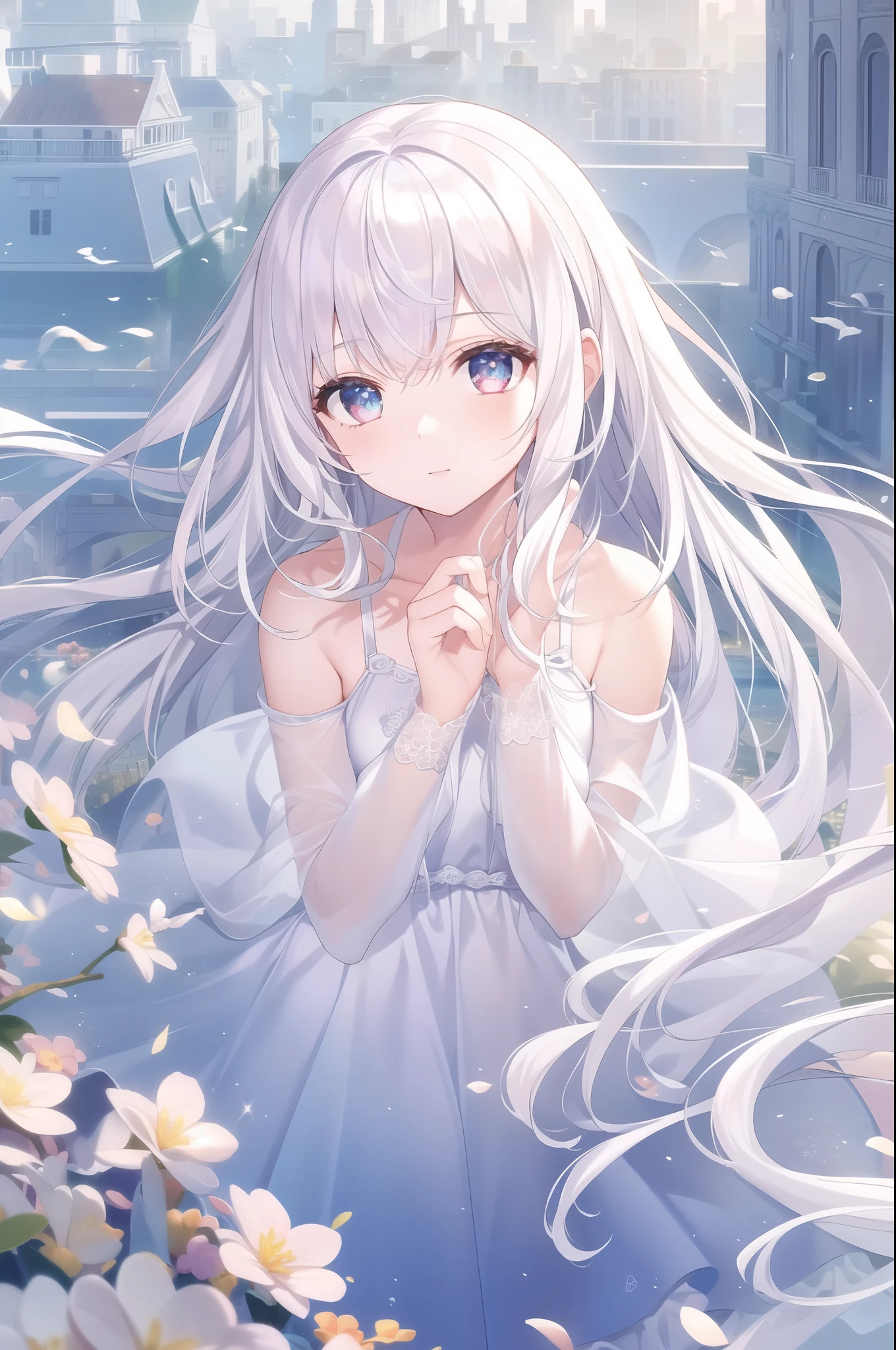 ((masterpiece, best quality))++, Detailed lighting+, Detailed hair+, Detail hand+ ,1 girl, Miss, Long hair, Crimson eyes, beautiful eyes, young white hair,,(Beautiful white hair:1.5),(Beautiful and delicate eyes), high resolution+,glass tint, Reflective eyes, {{angle}} , Very detailed wallpaper, The original, ,Sea of Flowers,Air bangs,city road,Extremely beautiful CG,