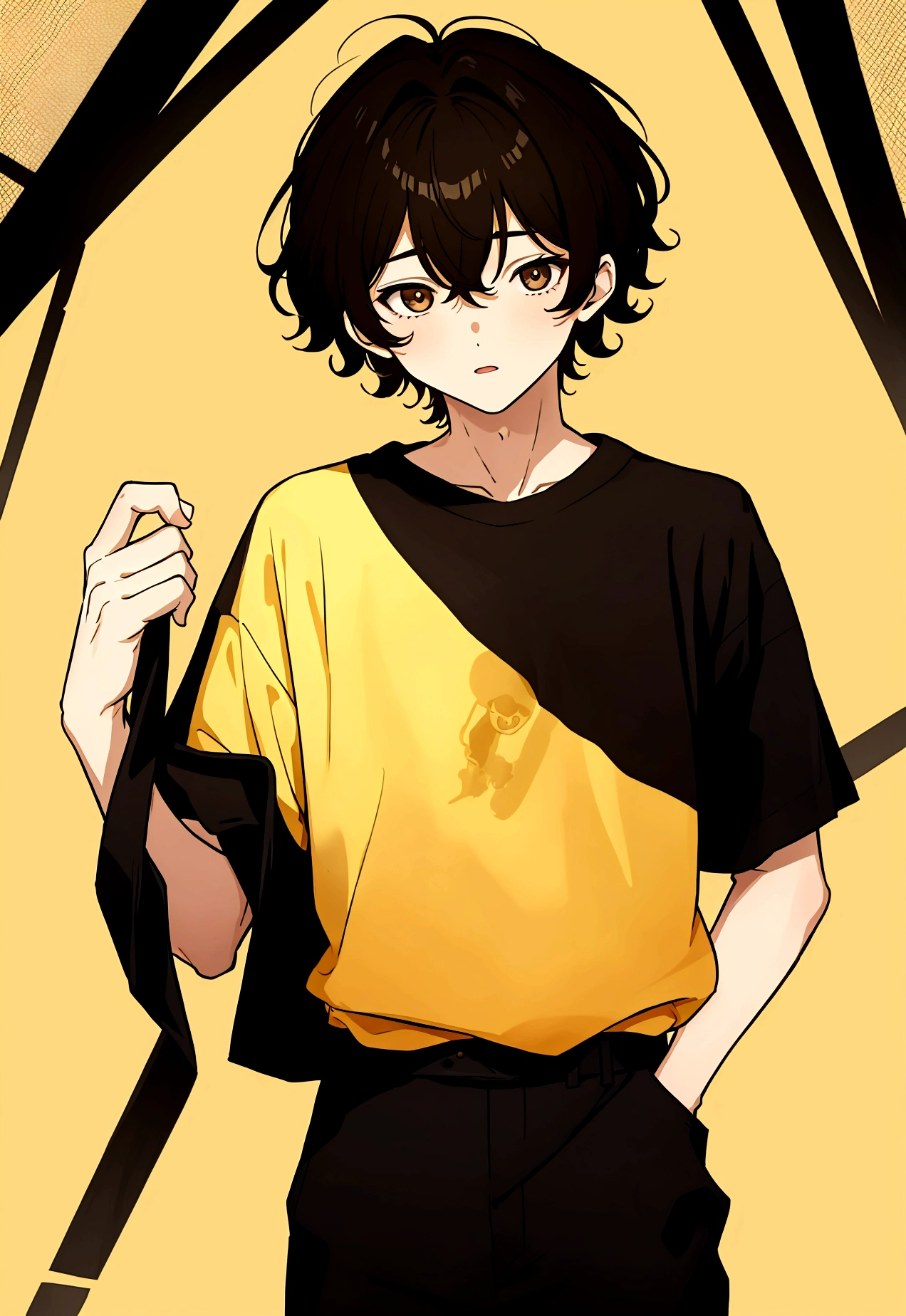 17 year old boy, Wearing a short yellow shirt, Right, and curly black hair with ombre, ojo Right color cafe, Brown left eye
