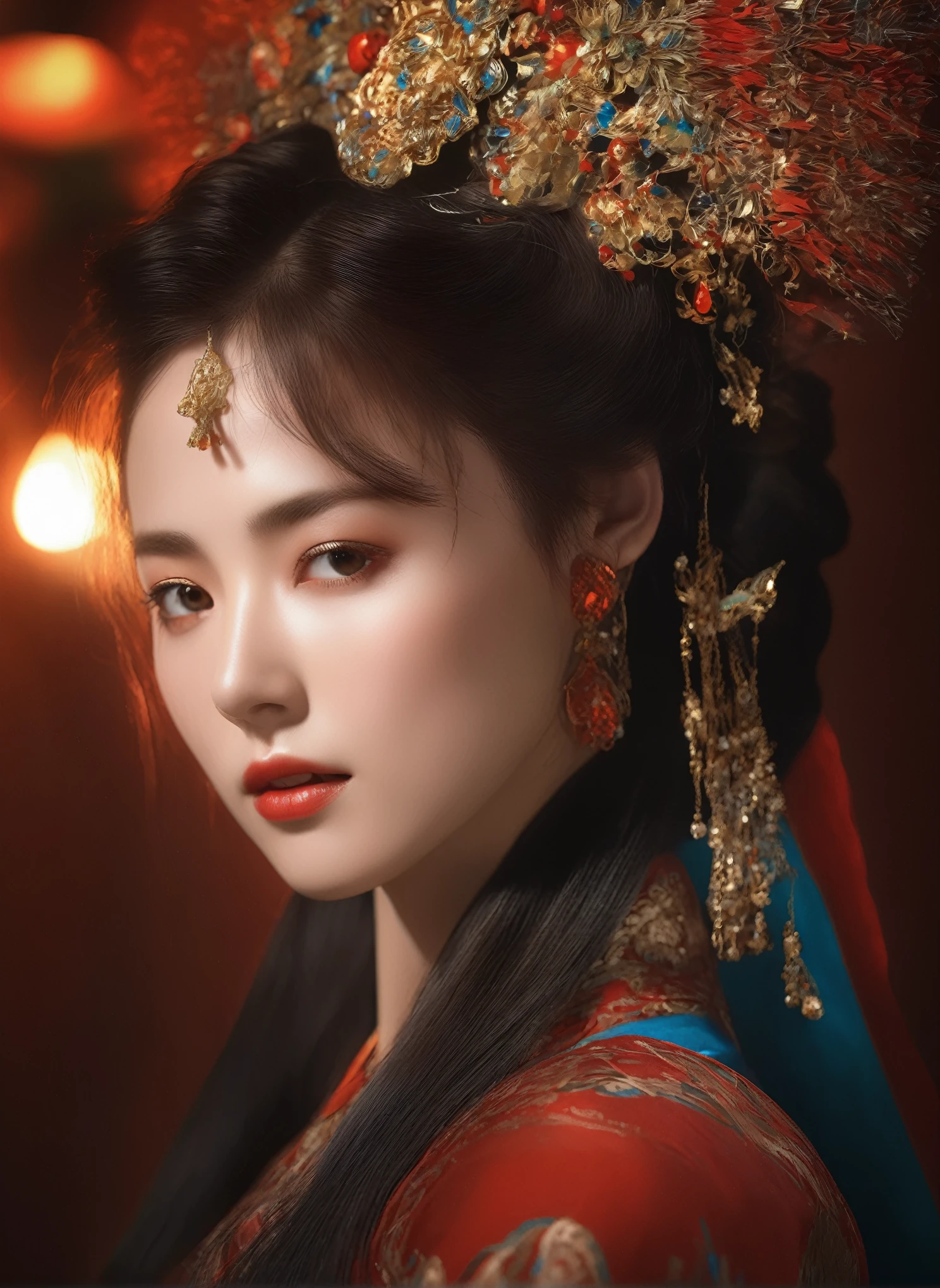(masterpiece, best quality, Very detailed, The best shadow), (Detailed background), (Delicate face), High contrast, (Optimal lighting, Extremely refined), Colorful, Extremely detailed, Dramatic lighting, Beautiful background, Intricate details, (1 girl, Solitary, Colorful hair, Pointed face, Red Eyes, Hair between the eyes, Dynamic Angle, Red clothes), Looking at the audience, Blood,(Broken Gek Ring, in the room, whole body, Delicate eyes, beautiful eyes, 8K, 4K, best quality, masterpiece, beautiful eyes, realism