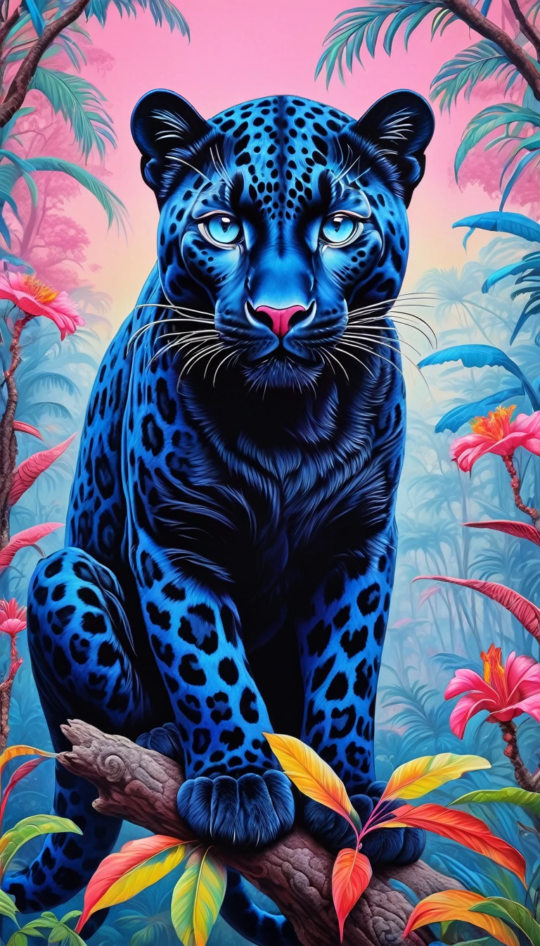 The black leopard sat only on the branch, in the style of vibrant pop surrealism, Royal blue eyes，light pink and light crimson, realistic hyper-detail, enigmatic tropics, thick paint layers, realistic depictions, dot-painted colors, optical blending