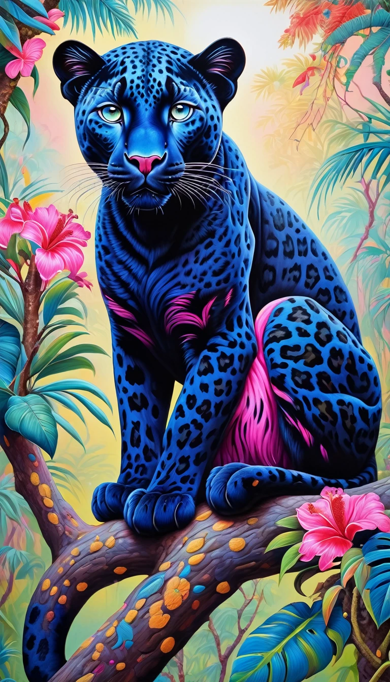 The black leopard sat only on the branch, in the style of vibrant pop surrealism, Royal blue eyes,light pink and light crimson, realistic hyper-detail, enigmatic tropics, thick paint layers, realistic depictions, dot-painted colors, optical blending