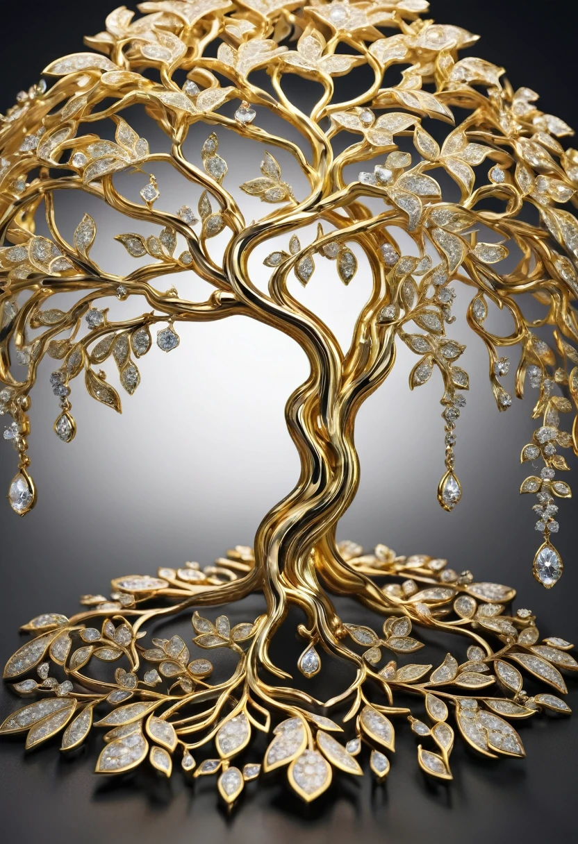 Describe the breathtaking elegance of the luxurious tree adorned with diamonds and gold, highly detailed, 8k