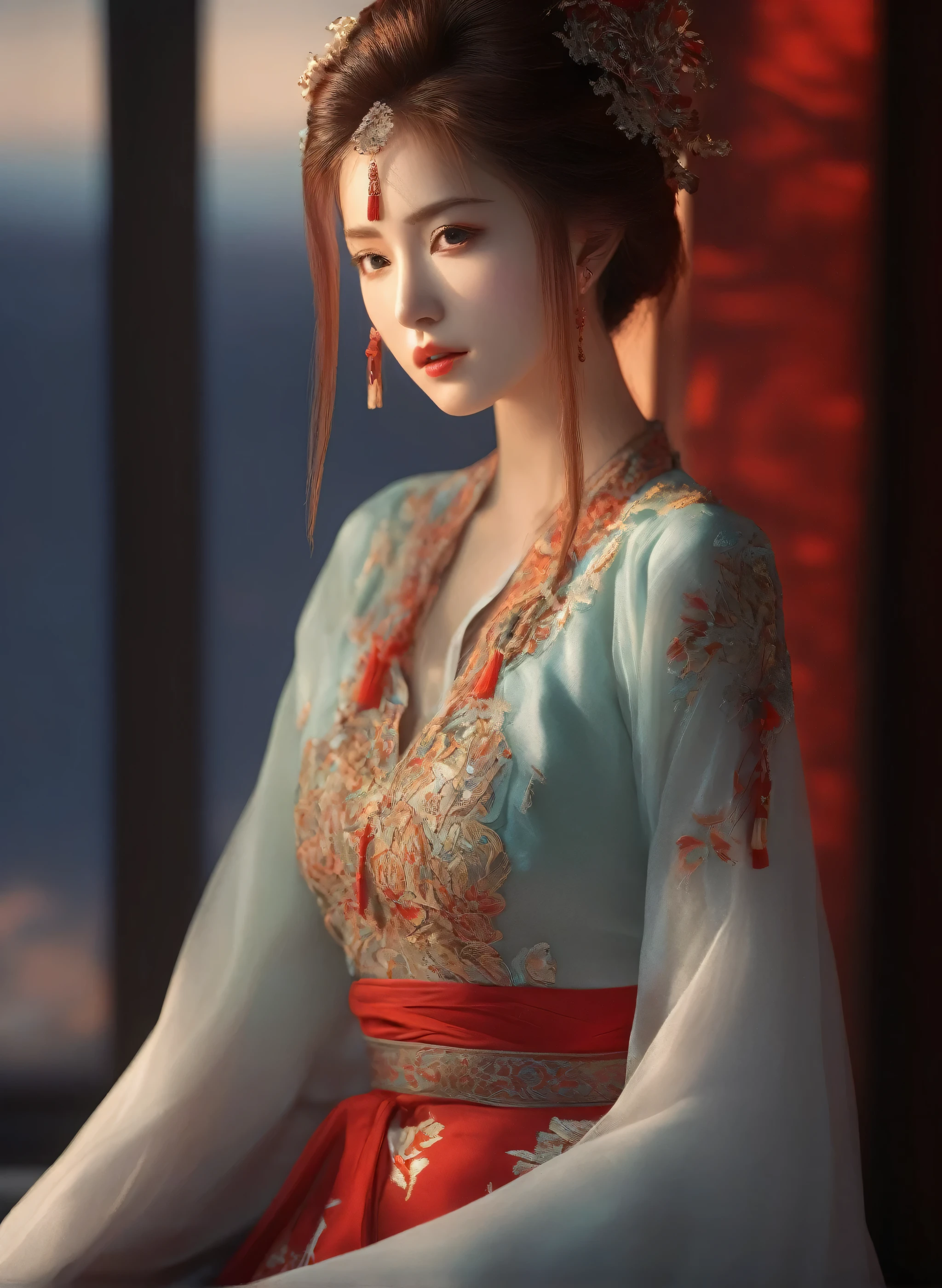 (masterpiece, best quality, Very detailed, The best shadow), (Detailed background), (Delicate face), High contrast, (Optimal lighting, Extremely refined), Colorful, Extremely detailed, Dramatic lighting, Beautiful background, Intricate details, (1 girl, Solitary, Colorful hair, Pointed face, Red Eyes, Hair between the eyes, Dynamic Angle, Red clothes), Looking at the audience, Blood,(Broken Gek Ring, in the room, whole body, Delicate eyes, beautiful eyes, 8K, 4K, best quality, masterpiece, beautiful eyes, realism