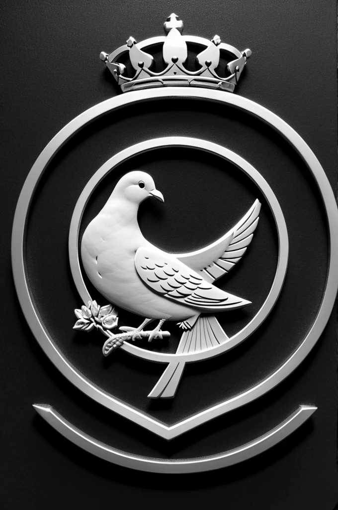 Create a circular shield. In the center of the shield put the silhouette of a dove and that the dove has a crown on and that it is posing on an m4 and everything in black and white