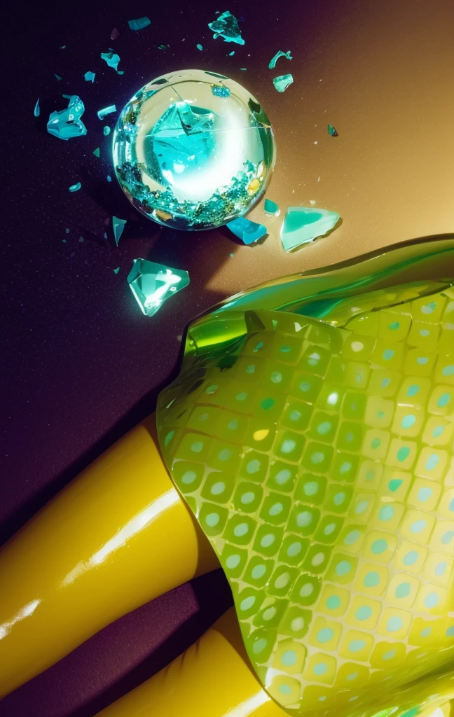 broken glass magic ball of turquoise color with fragments lying nearby frame above from above on a white background This image features a vividly rendered scene with a broken magical glass orb, lying scattered on a purple floor. The orb, shattered into several pieces, emits a radiant green glow, highlighting the intricate details and geometric patterns within its core. The glowing green light casts vivid reflections and shadows on the surrounding area, adding an broken glass magic ball of turquoise color with fragments lying nearby frame above from above on a white background ethereal and mysterious ambiance to the scene. The backdrop of the purple floor intensifies the contrast of the bright green shards, making the scene visually striking. The overall composition suggests a moment of dramatic transformation or destruction of a powerful, enchanted object. glossy texture, smooth broken glass magic ball of turquoise color with fragments lying nearby frame above from above on a white background 3d model, multiple light sources, rim light, sharp post broken glass magic ball of turquoise color with fragments lying nearby frame above from above on a white background effects render, (glossy plastic texture with multiple big light probe refractions), perfect cgi, smooth silhouette, high intensity refraction, (super glossy plastic material), most beautiful vfx, , realistic, 4k, high resolution, rim light, smooth 3d model, multiple light sources, rim light, sharp post effects render,, realistic, 4k, high resolution, rim light detailed digital art, reflective, best quality, 4k, masterpiece:1.2, ultra-detailed, realistic, vivid colors, The image of the highest quality, ensuring every detail showcased perfectly. It in 4k resolution, allowing viewers to immerse themselves in the richness of the colors and intricate details. The realistic rendering. under the spotlight, reflecting, high-resolution image, realistic rendering