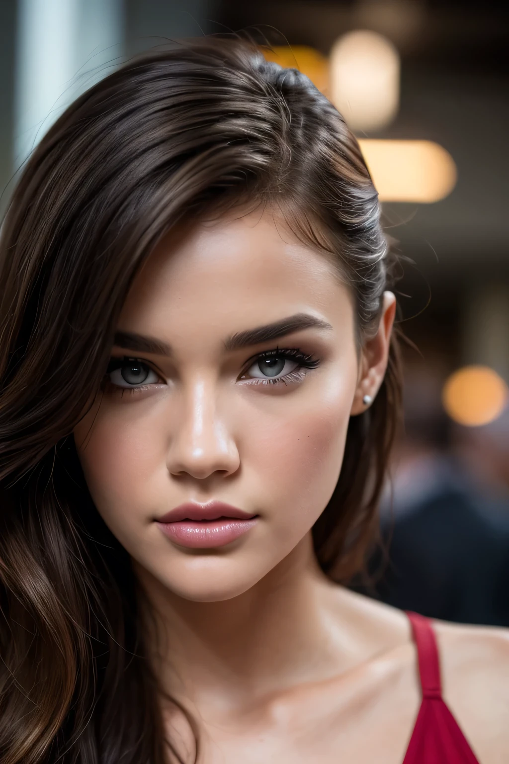 A photorealistic portrait of a stunningly beautiful A digitally created image combining the features of Lucy Hale, Madison Beer, and Gabby Westbrook. The image showcases a harmonious blend of their facial traits, capturing the essence of each celebrity while creating a new and unique look. The final result is a visually appealing representation that highlights the best features of all three individuals, supermodel with light make - up, photo for the cover of a fashion magazine, extremely detailed light honey eyes, detailed symmetric realistic face, extremely detailed natural texture, windy messy hair, brunette, masterpiece, absurdres, award winning photo by lee jeffries, nikon d850 film stock photograph, kodak portra 400 camera f1. 6 lens, extremely detailed, amazing, fine detail, rich colors, hyper realistic lifelike texture, dramatic lighting, unrealengine, trending on artstation, cinestill 800 tungsten, looking at the viewer, photo realistic, RAW photo, high quality, highres, sharp focus, extremely detailed, cinematic lighting, 8k uhd, in a night club, wearing a short black dress - imagine