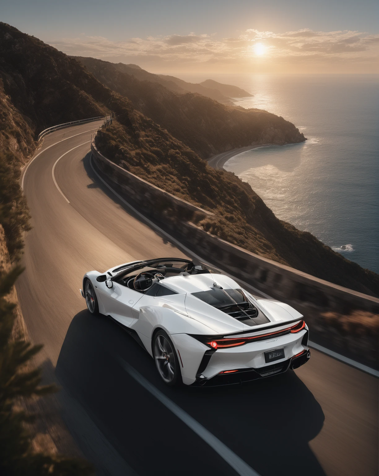 A breathtaking promotional poster depicting a white SKU darting through the curves of a winding coastal highway, seen from a soaring overhead perspective. The camera captures the car's dynamic stance and the sea breeze ruffling its sleek exterior. The lighting is warm and inviting, with the sun reflecting off the ocean's surface, casting a golden glow over the vehicle. The style is realistic yet dreamlike, blending the beauty of nature with the precision of modern design. The weather is mild and breezy, perfect for a scenic drive. The atmosphere is relaxed and carefree, encouraging viewers to embrace the joy of the open road.