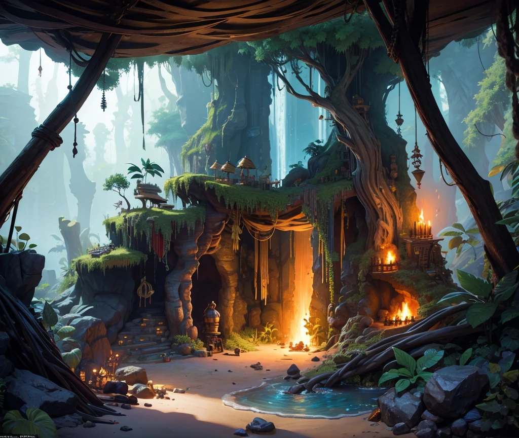 jungle, cave, full of pirate treasure advanced, colorful, creative art, concept art, cinematic, studio, composition, (best quality:1.3), (masterpiece:1.3)