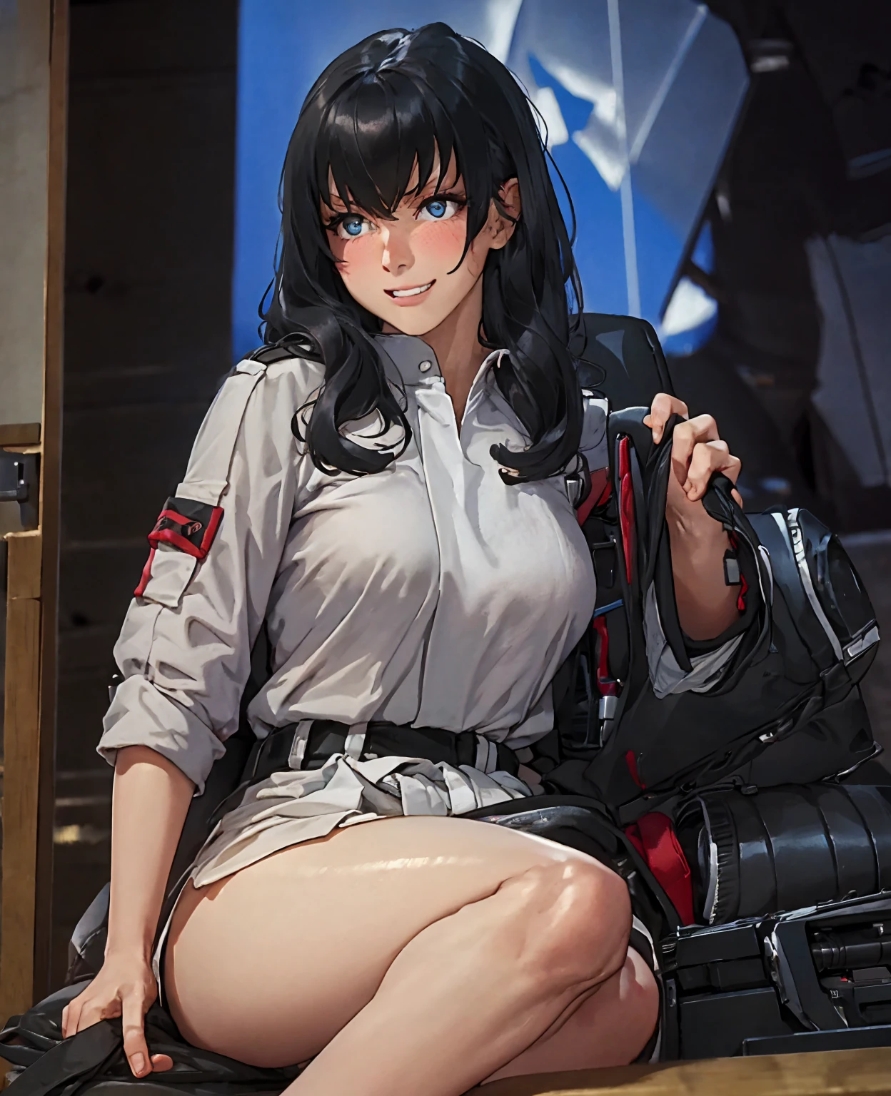 Absurd resolution, high resolution, (masterpiece: 1.4), hyper-detail, black-haired young woman dressed as a technician, blushing and excited expression, sitting in an extremely narrow and closed mecha control room