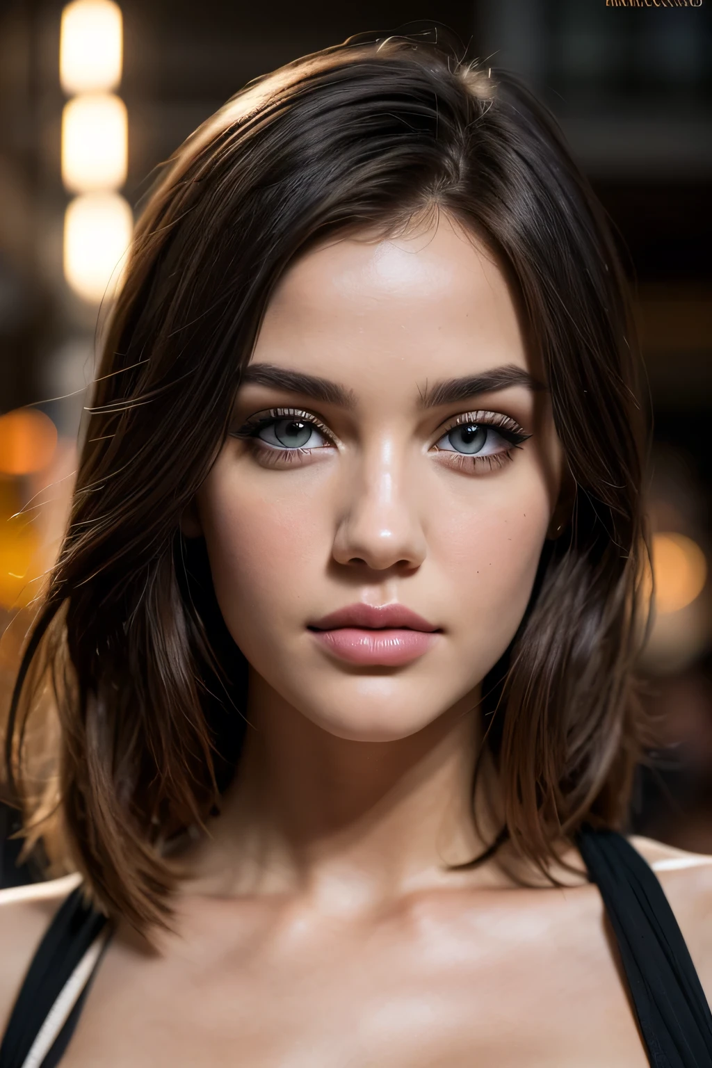A photorealistic portrait of a stunningly beautiful A digitally created image combining the features of Lucy Hale, Madison Beer, and Gabby Westbrook. The image showcases a harmonious blend of their facial traits, capturing the essence of each celebrity while creating a new and unique look. The final result is a visually appealing representation that highlights the best features of all three individuals, supermodel with light make - up, photo for the cover of a fashion magazine, extremely detailed light honey eyes, detailed symmetric realistic face, extremely detailed natural texture, windy messy hair, brunette, masterpiece, absurdres, award winning photo by lee jeffries, nikon d850 film stock photograph, kodak portra 400 camera f1. 6 lens, extremely detailed, amazing, fine detail, rich colors, hyper realistic lifelike texture, dramatic lighting, unrealengine, trending on artstation, cinestill 800 tungsten, looking at the viewer, photo realistic, RAW photo, high quality, highres, sharp focus, extremely detailed, cinematic lighting, 8k uhd, in a night club, wearing a short black dress - imagine