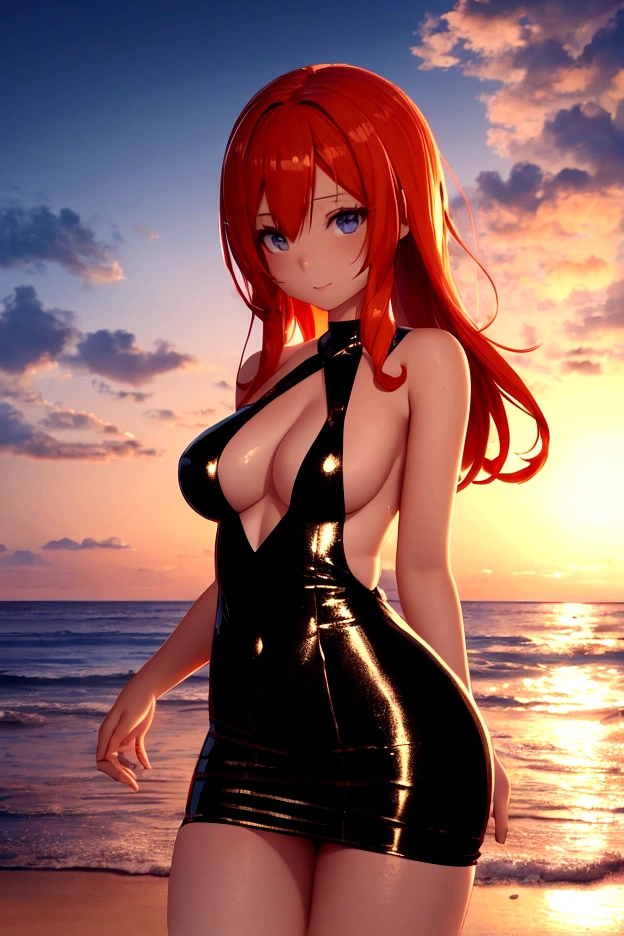 slingshot swimsuit, Anime girl, girl in gorgeous sparking dress, night out, lights from the city, looking cute, looking gorgeous, hourglass body, perfect size ass, perfect size breasts slightly poking from the side, side boob, dress in random color, picture till her knees, anime settings, open eyes, perfect face, red hair, in a dazzling gold dress with sequins, a beach at sunset, glowing horizon, gentle waves, atmosphere of tranquility and charm, peaceful yet enchanting, 3D Artwork, rendered with Unreal Engine for realistic lighting and detail,
