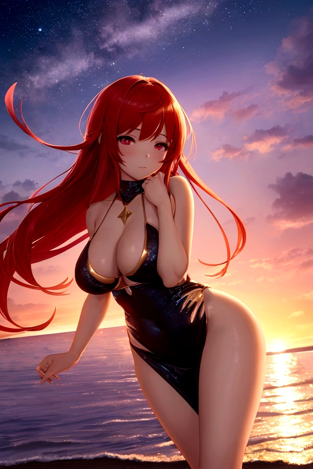 slingshot swimsuit, Anime girl, girl in gorgeous sparking dress, night out, lights from the city, looking cute, looking gorgeous, hourglass body, perfect size ass, perfect size breasts slightly poking from the side, side boob, dress in random color, picture till her knees, anime settings, open eyes, perfect face, red hair, in a dazzling gold dress with sequins, a beach at sunset, glowing horizon, gentle waves, atmosphere of tranquility and charm, peaceful yet enchanting, 3D Artwork, rendered with Unreal Engine for realistic lighting and detail,
