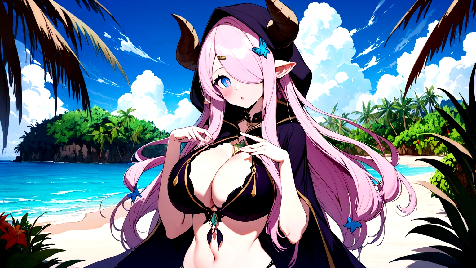 Vibrant, high-definition anime-style illustration set on a tropical beach. The layout features a central female character, Narmaya, with long pink hair, partially covered by a hooded cloak adorned with brown horns. She has fair skin, large expressive blue eyes and pink pupils, and a small blue butterfly hair clip. One eye is covered by her hair. The character is wearing a revealing black bikini with gold accents, and her hands are holding the edges of her cloak. The background showcases a pristine beach with white sand, lush green foliage, and tall palm trees. The clear blue sky and turquoise ocean complete the idyllic setting, with distant islands visible on the horizon. Narmaya and her attire are meticulously detailed. The intense effort put into shading brings this image to a realistic style. Gorgeous vibrant colors draw the eye. Narmaya's suggestive stance brings the viewers focus to her large and perfectly shaped breasts. (masterpiece), best quality, expressive eyes, perfect face, suggestive pose, purple and pink background, seductive, fantasy, 8k, absurdres, narmaya, pink hair, blue eye with pink pupil, hair over eye, draph, horns, butterfly hair clip, black bikini, hood, defined hands, perfect hands, perfect fingers,