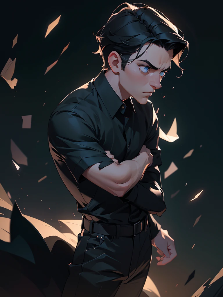 A 23 year old white man with short black hair and strands falling over his forehead, wearing a black shirt, with captivating eyes serious and  serious expression, cinematic lighting, intricate background, pastel color palette, dramatic atmosphere, high resolution, masterpiece, photorealistic, full body, seen from the side in profile