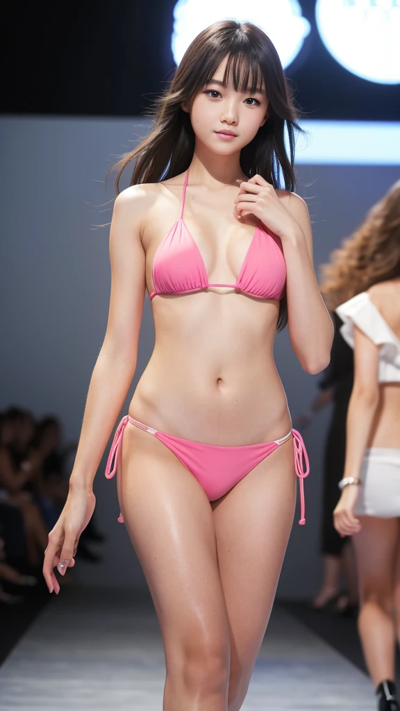 A girl walking down the runway at a fashion show, See-through string bikini, High heels, (High resolution:1.3), (16K, Realistic, RAW Photos, Best image quality: 1.4), (One Girl), Beautiful Face, (A vivid face), Beautiful hairstyle, Realistic eyes, Beautiful and exquisite, (Realistic Skin), Beautiful skins, charm, 超High resolution, High detail, Highly detailed cute girl,(18-year-old)