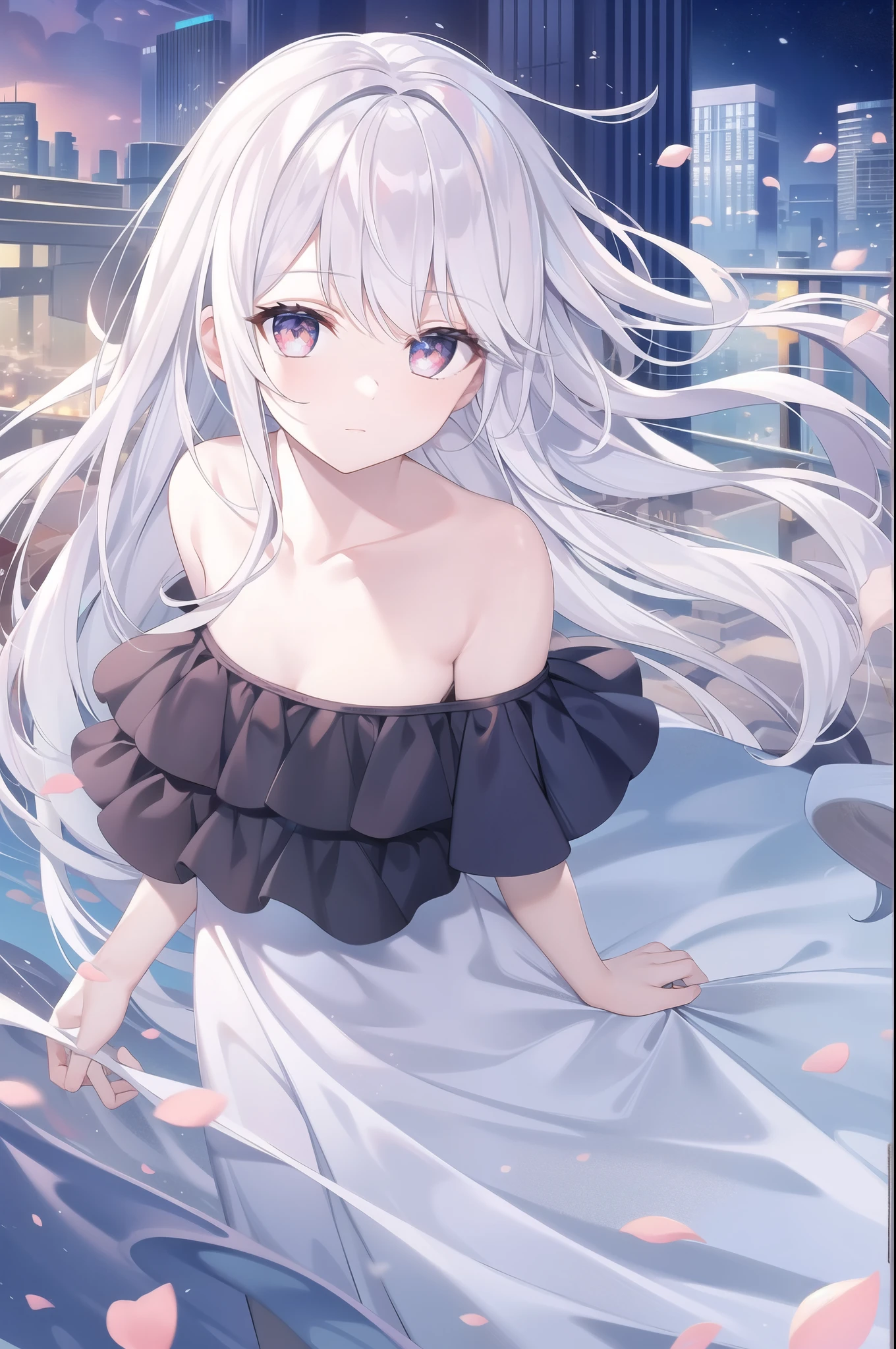 ((masterpiece, best quality))++, Detailed lighting+, Detailed hair+, Detail hand+ ,1 girl, Miss, Long hair, Crimson eyes, beautiful eyes, young white hair,,(Beautiful white hair:1.5),(Beautiful and delicate eyes), high resolution+,glass tint, Reflective eyes, {{angle}} , Very detailed wallpaper, The original, ,Sea of Flowers,Air bangs,city road,Extremely beautiful CG,