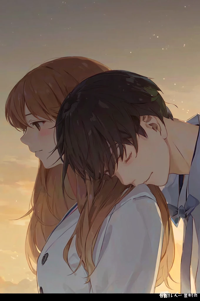 Two people standing side by side in front of the sky, artwork in the style of Guweizu, arms around her neck, soft japanese cartoon movies illustration, Guweizu and makoto shinkai, High quality fan art, profile of japanese cartoon movies girl, Guweizu, emotional picture, japanese cartoon movies. soft lighting, sakimichan and makoto shinkai