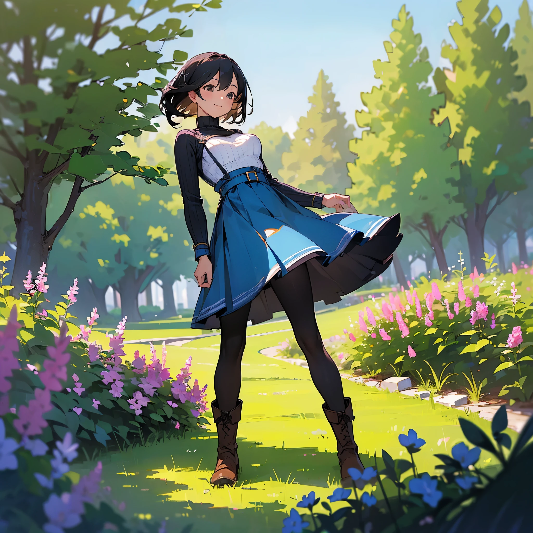 (high quality, High resolution, Very detailed, reality:1.37), Peaceful atmosphere, (Outdoor, garden), Teenage girl standing alone, (my breasts are big.), Beautiful details, Cute Smile, (Black bob hair), Ribbed sweater, Blue Skirt, Black tights, Brown boots.